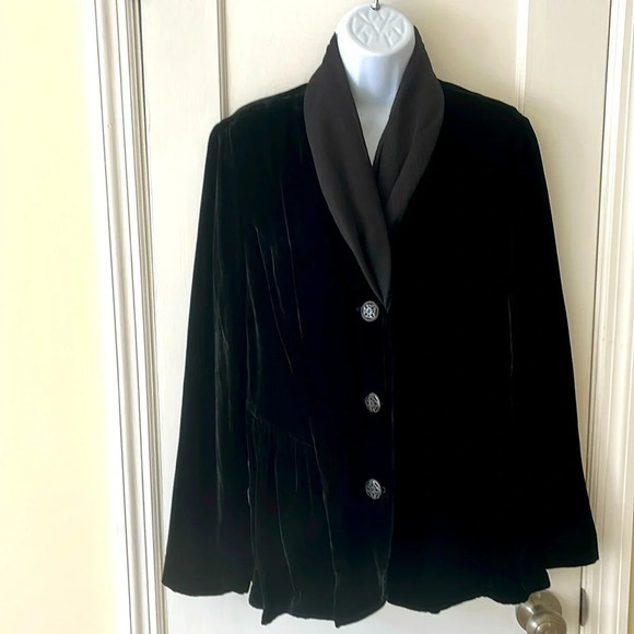 J Jill Velvet Jacket Long Chiffon Shawl Collar Peplum Blazer Medium Black Artsy - Picture 1 of 17